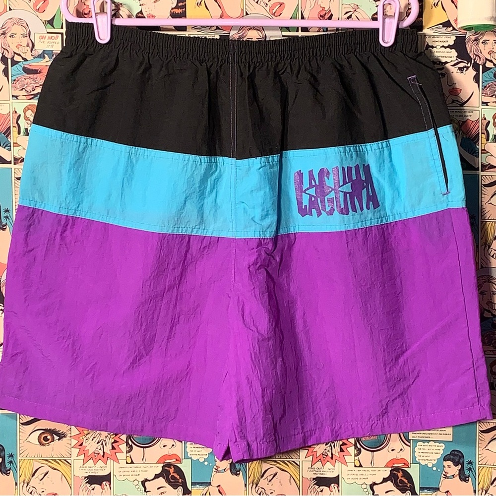 Vintage Laguna Nylon Swim Trunks Colorblock Black Teal Purple L